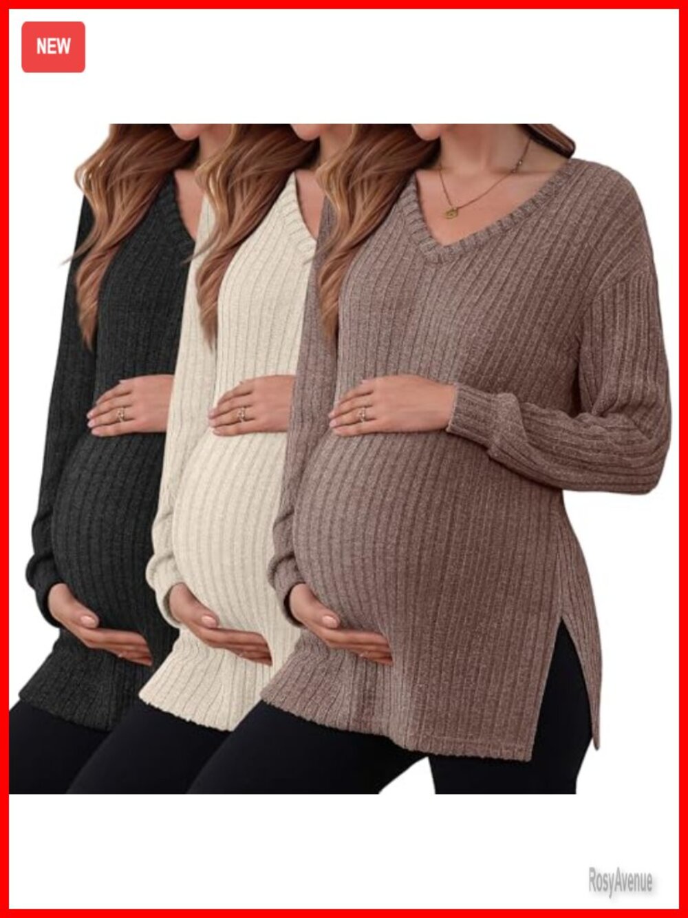 Maternity Long Sleeve V-Neck Ribbed Knit Sweater Top Side Slit